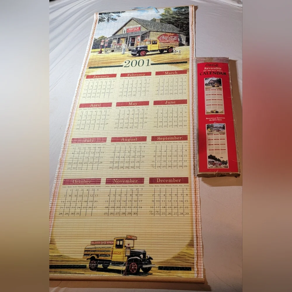 Coca Cola 2001 / 2002 Double Sided Bamboo Scroll Calendar W/ Box VINTAGE